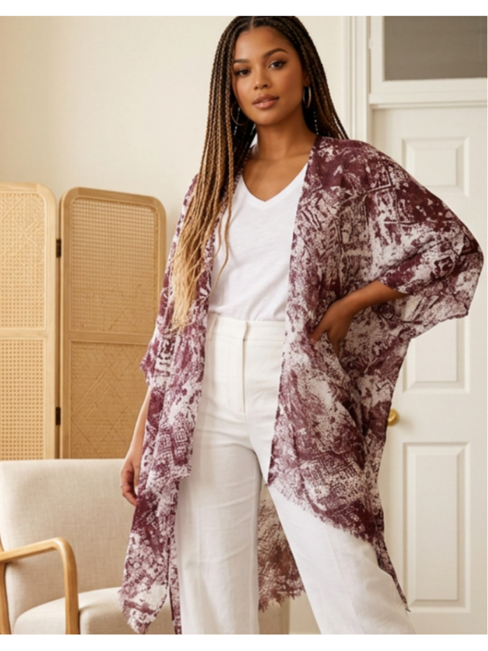 Hinge Kimono Open Front One Size Beige Dark Plum Patterned Wrap Boho Frayed Hem
